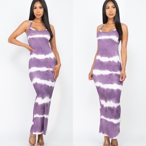 NEW ARRIVAL WOMEN MUSTARD YELLOW STRIPE TIE DYE RACERBACK TANK TOP MAXI DRESS - Picture 2 of 9